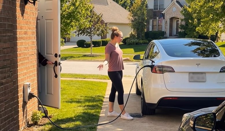 Ik betrapte mijn buurvrouw terwijl ze haar Tesla aan mijn huis oplaadde – Ze was totaal niet voorbereid op wat er de volgende avond gebeurde