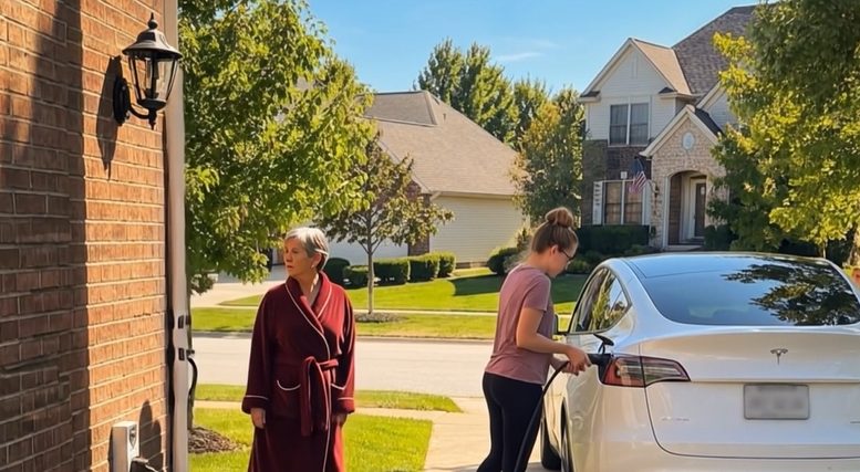 Ik betrapte mijn buurvrouw terwijl ze haar Tesla aan mijn huis oplaadde – Ze was totaal niet voorbereid op wat er de volgende avond gebeurde