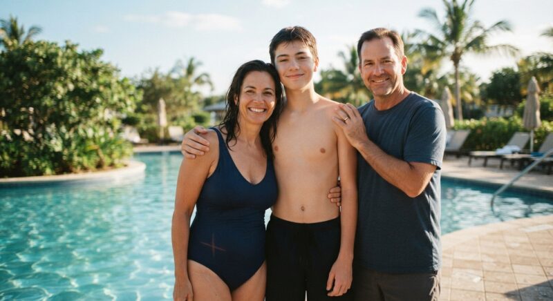 Mijn tienerzoon weigerde tijdens onze vakantie met mij op de foto te gaan vanwege mijn gewicht — toen maakte een sms van zijn vader hem bleek en trillend