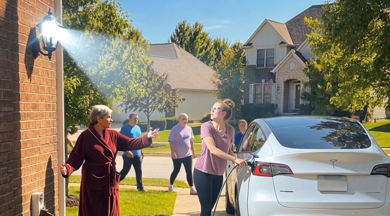 Ik betrapte mijn buurvrouw terwijl ze haar Tesla aan mijn huis oplaadde – Ze was totaal niet voorbereid op wat er de volgende avond gebeurde
