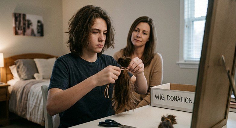 Mijn 14-jarige zoon liet zijn haar maandenlang groeien om een pruik te laten maken voor zijn beste vriendin, die tegen kanker vocht. De volgende ochtend werd ik naar zijn school geroepen. Lily’s vader stond daar op me te wachten, en zijn eerste woorden deden mijn hart stilstaan: ‘Je hebt geen idee wat je zoon heeft gedaan, hè?’