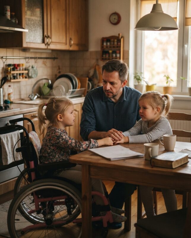 Mijn tweelingdochters waren pas zes jaar oud toen hun moeder, Claire, ons verliet. Ze waren allebei geboren met een aandoening aan hun wervelkolom, waardoor ze een rolstoel nodig hadden.