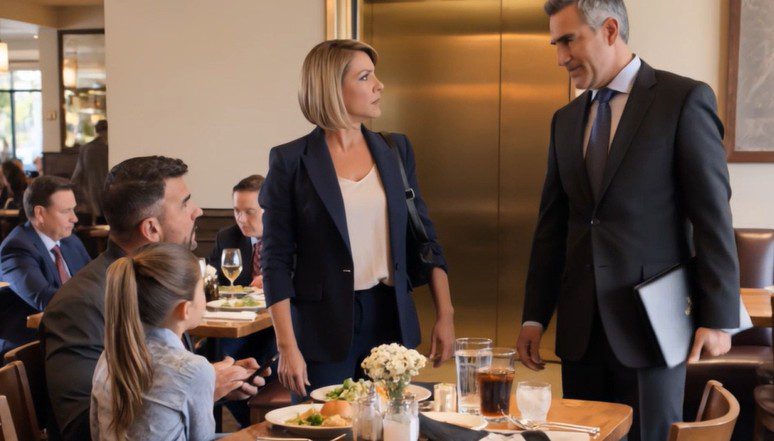 Ik was kip aan het snijden voor mijn achtjarige dochter toen de restaurantmanager naar onze tafel kwam, een blik wierp op mijn modderige laarzen en kil zei: ‘Mensen zoals u horen niet in dit gedeelte te zitten.’
